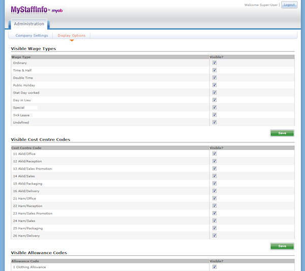 MYOB MyStaffInfo Help Display Options